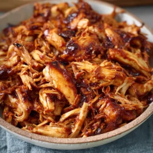 Juicy and tender Instant Pot pulled BBQ chicken, perfect for sandwiches and meal prepping, is shown in a close-up shot.