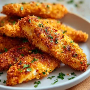 Close-up of golden brown Baked Chicken Tenders, perfect for a family meal.