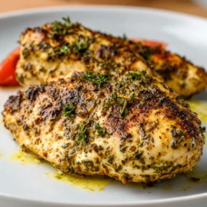 Mediterranean Herb Crusted Grilled Chicken glistening on the grill, showcasing its vibrant herb crust and juicy appearance.
