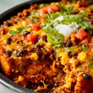 A delicious Taco Casserole is shown in a tempting close-up, perfect for an easy weeknight meal.