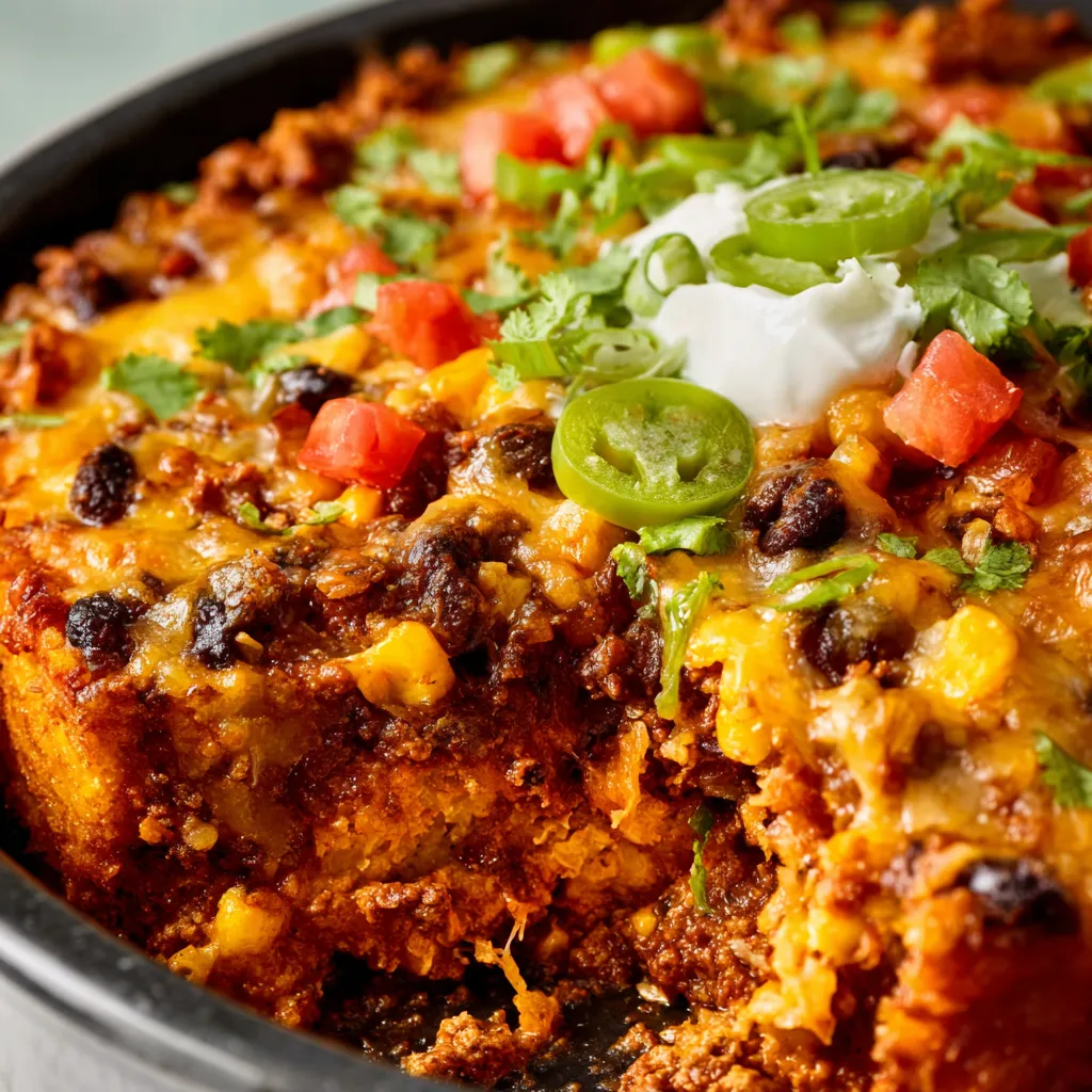 A delicious Taco Casserole is shown in a tempting close-up, perfect for an easy weeknight meal.