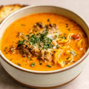 Easy crockpot lasagna soup simmers in a slow cooker, showcasing a comforting and delicious meal perfect for a simple weeknight dinner.