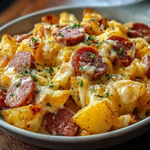 One-pan cheesy ranch potatoes and smoked sausage are baked to golden perfection in this delicious and easy weeknight meal.