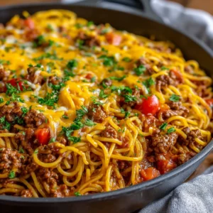 Easy one pot cowboy spaghetti features ground beef, vegetables, and pasta cooked together in a single pot for a simple and delicious weeknight meal.
