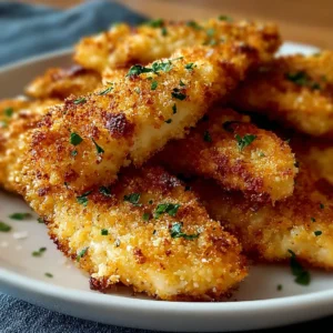 Crispy, golden-brown Crunchy Parmesan Oven-Baked Chicken Tenders are displayed in this featured image, showcasing a delicious and easy weeknight dinner recipe.