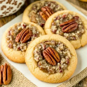 Pecan pie thumbprint cookies offer an easy and delicious holiday treat with a close-up view of the festive cookies showcasing their pecan filling and golden-brown crust.