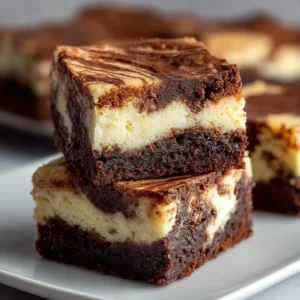 A close-up showcases the rich layers of fudgy brownie and creamy cheesecake in these delicious Cheesecake Brownies.