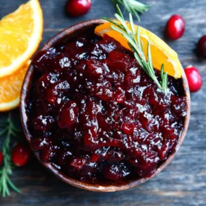 Easy homemade cranberry sauce glistens in a glass bowl, showcasing its vibrant red color and inviting texture, perfect for Thanksgiving dinner.