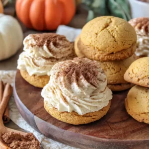 Soft pumpkin cookies with cinnamon frosting sit stacked on a plate, inviting readers to bake this delicious fall dessert.