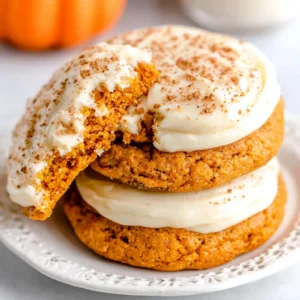 Close-up of freshly baked pumpkin sugar cookies topped with a creamy cream cheese frosting, perfect for fall baking and holiday treats.