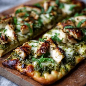 Close-up shot of a delicious Pesto Chicken Flatbread with grilled chicken, pesto sauce, and melted cheese.