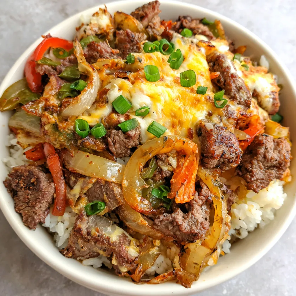 A delicious and easy Philly Cheesesteak Bowl, perfect for a quick weeknight dinner, is featured in this recipe image.