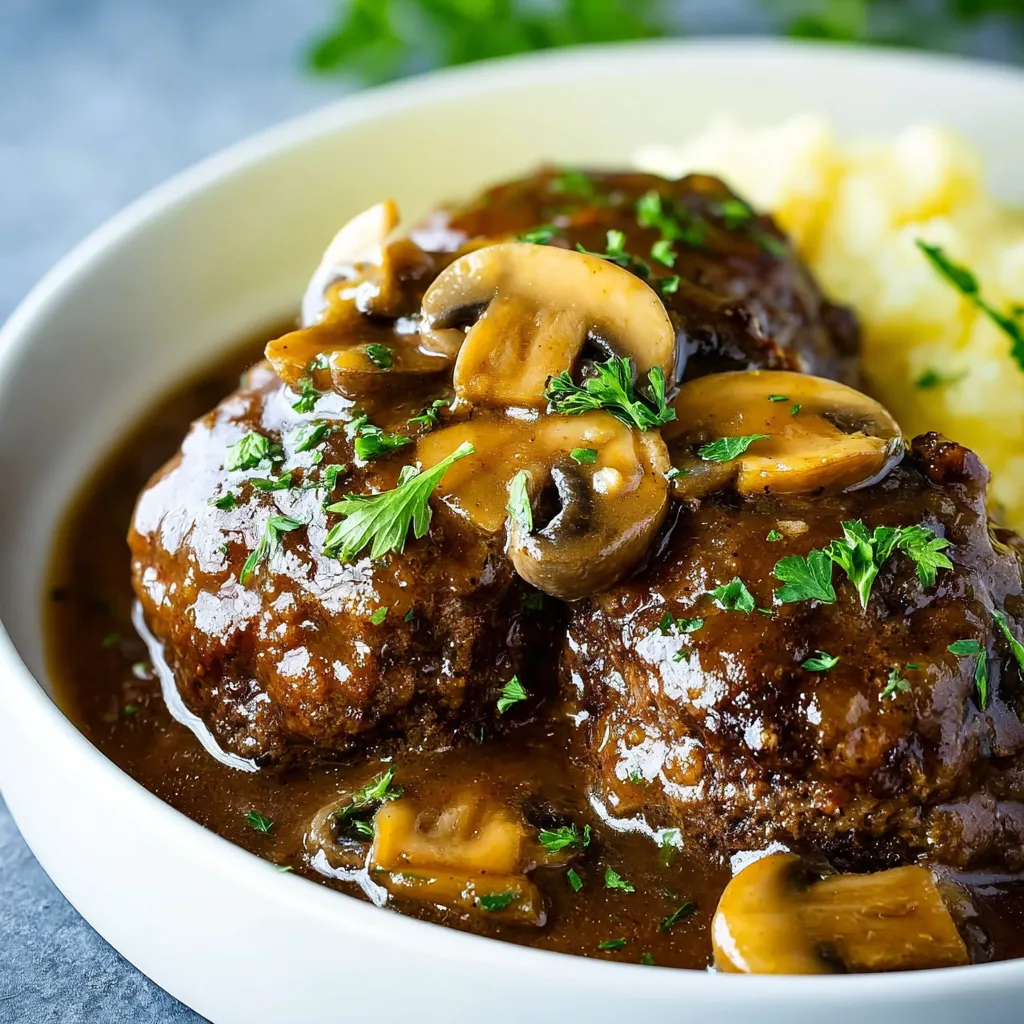 Savory Slow Cooker Salisbury Steak - Easy Weeknight Meal, featuring tender Salisbury steak simmering in a rich gravy, is the perfect comforting and convenient family dinner.
