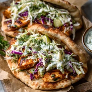Sheet pan chicken pitas with herb ranch slaw are a quick and easy weeknight dinner featuring juicy chicken, colorful vegetables, and a creamy homemade dressing.