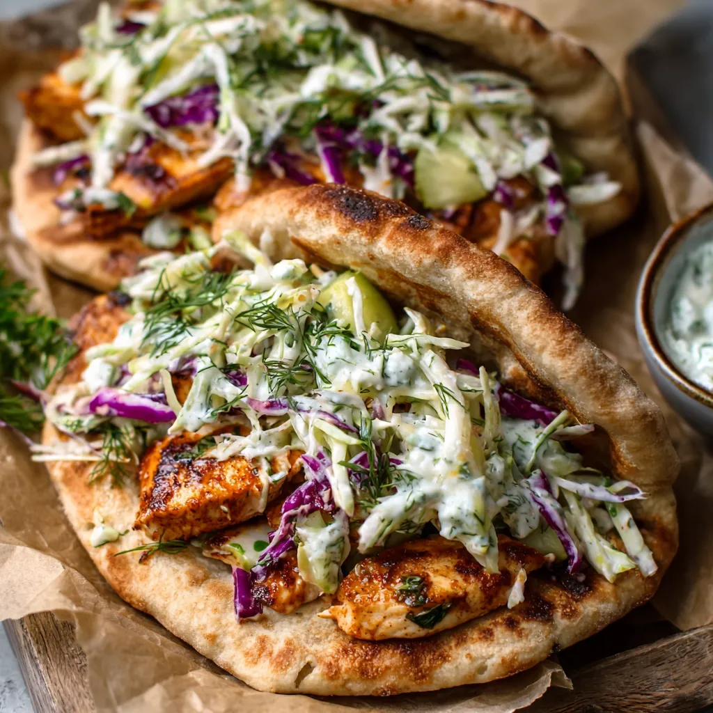 Sheet pan chicken pitas with herb ranch slaw are a quick and easy weeknight dinner featuring juicy chicken, colorful vegetables, and a creamy homemade dressing.