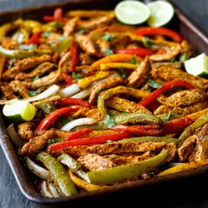 Sizzling sheet pan chicken fajitas are ready in 30 minutes and pictured as a delicious and easy weeknight dinner.