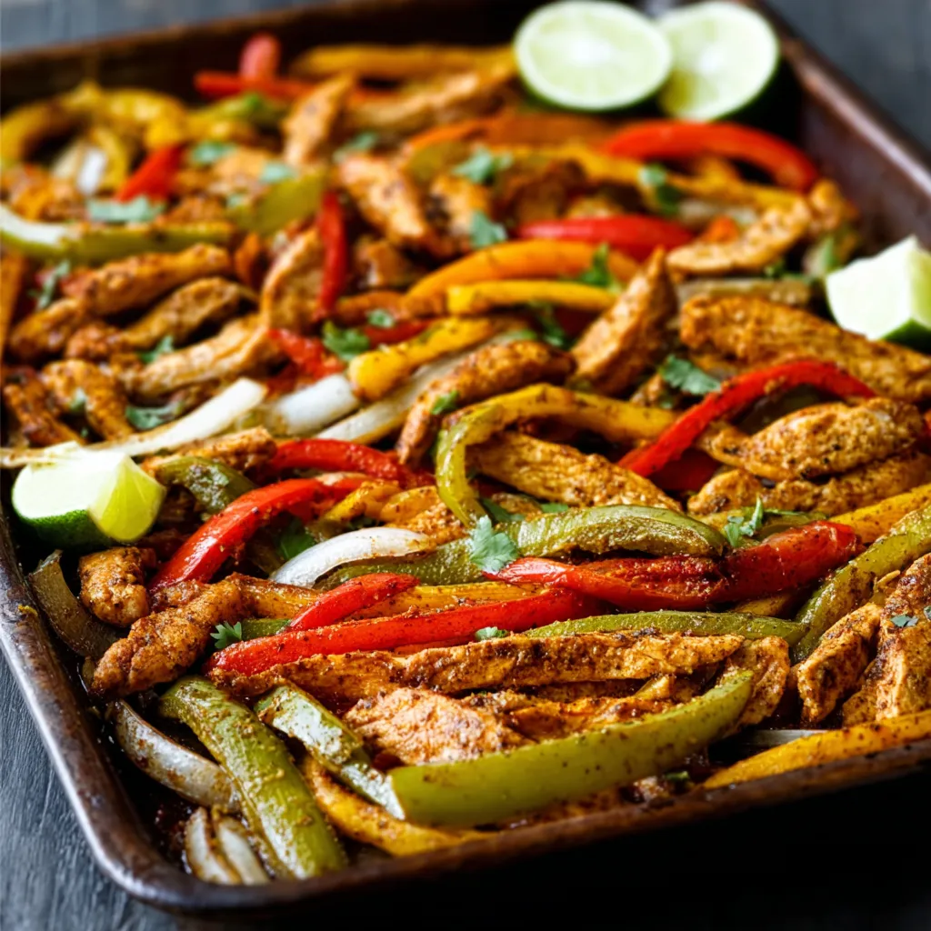 Sizzling sheet pan chicken fajitas are ready in 30 minutes and pictured as a delicious and easy weeknight dinner.