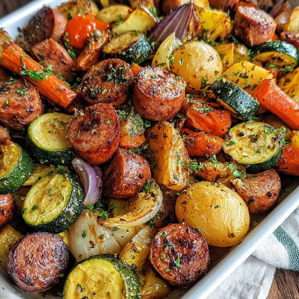 Sheet pan sausage and veggies, a quick and easy family dinner, are arranged beautifully on a baking sheet, showcasing colorful bell peppers, onions, and sausage links cooked to perfection.