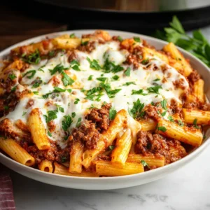 Slow Cooker Baked Ziti, a cheesy and comforting pasta dish cooked in a slow cooker, is shown as a featured image.