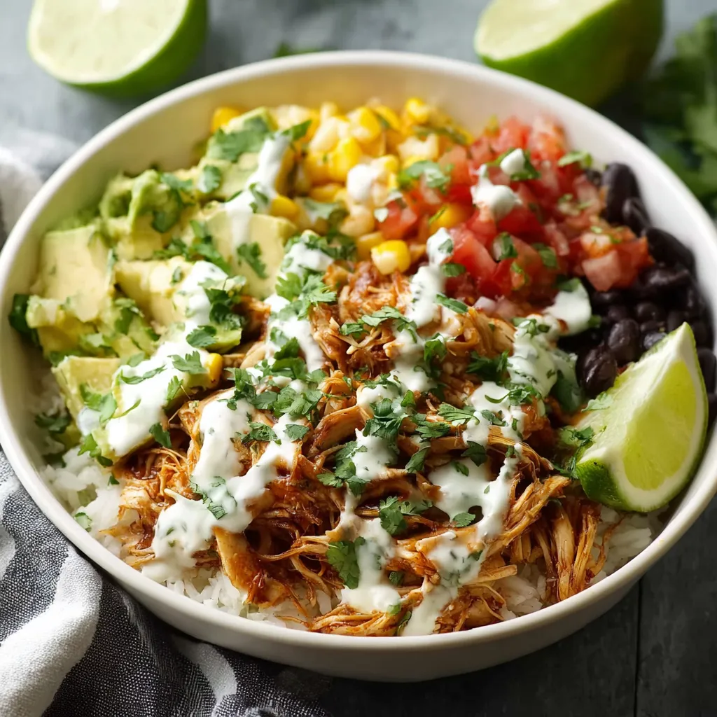 Delicious and easy slow cooker chicken burrito bowl featuring shredded chicken, rice, beans, and toppings, perfect for a dump and go weeknight meal.