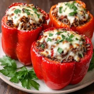 Easy slow cooker stuffed bell peppers are shown in a close-up, showcasing their vibrant colors and delicious filling, perfect for a simple and healthy weeknight meal.