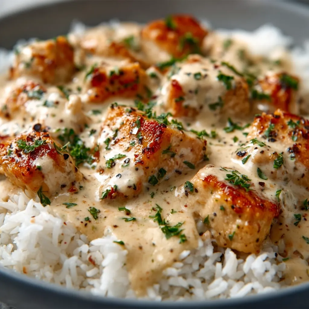 Creamy smothered chicken and rice, a delicious one-pan meal, is showcased in this featured image.