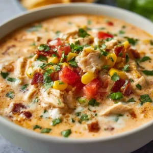 Creamy Southwest Chicken Soup brimming with vibrant colors and textures promises a flavorful fiesta in every spoonful, showcasing the deliciousness of this recipe.