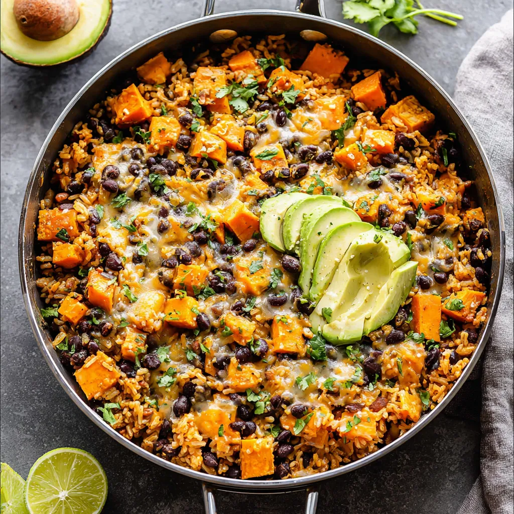 A vibrant Southwest sweet potato skillet with black bean rice is shown, highlighting a quick and easy one-pan meal perfect for busy weeknights.