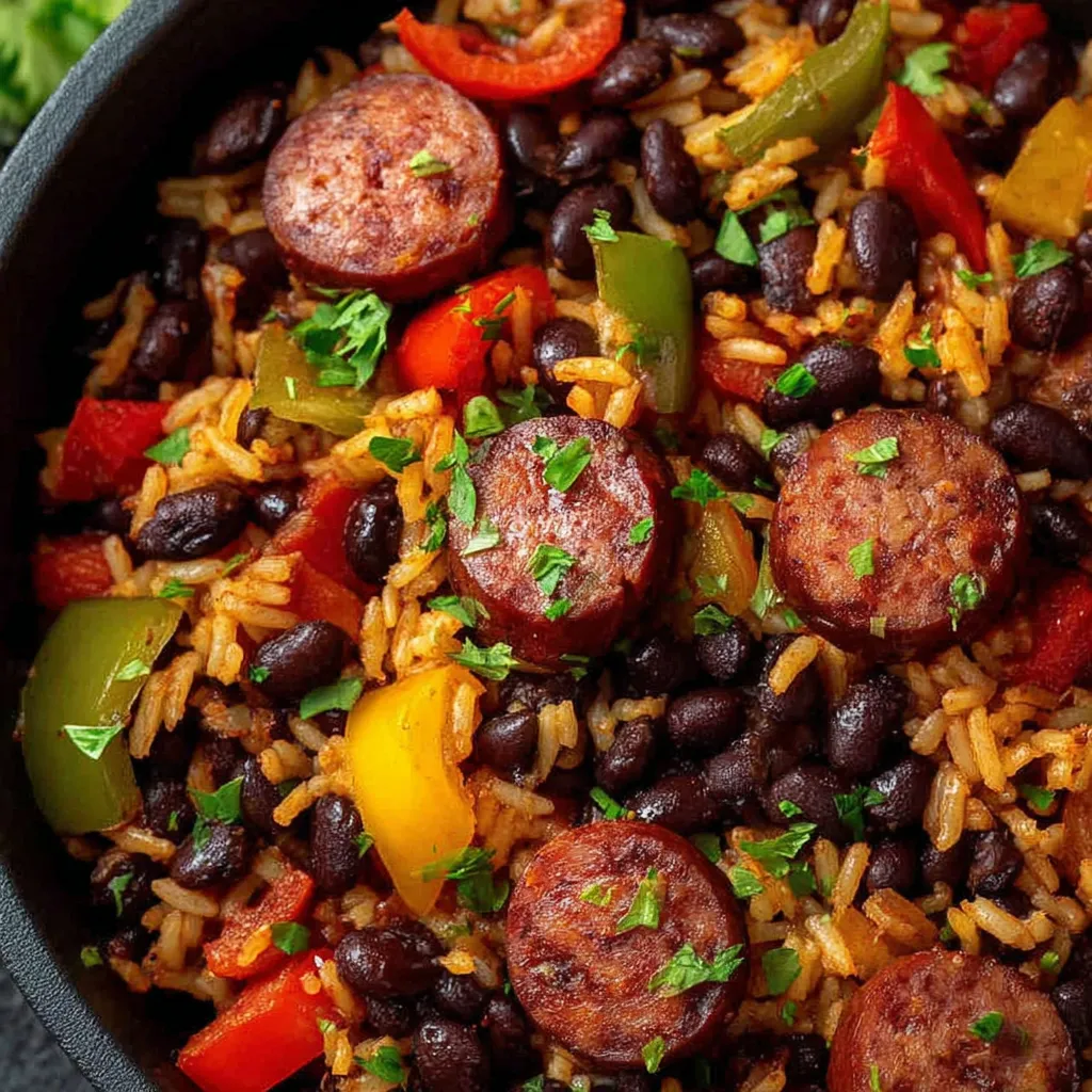 Delicious spicy black beans and rice with sausage, showcasing a flavorful and easy weeknight meal.