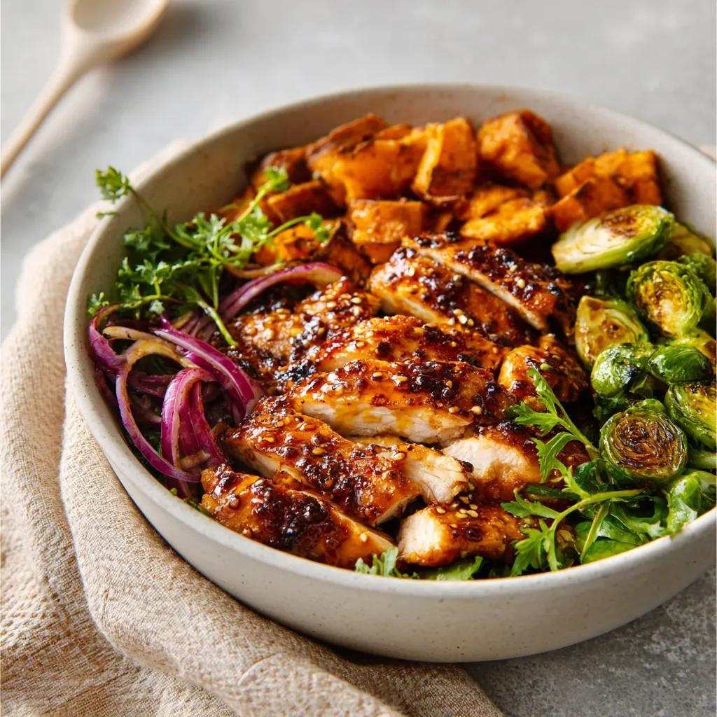 A vibrant and delicious hot honey chicken bowl features juicy chicken pieces drizzled with sweet and spicy honey, nestled on a bed of rice and fresh vegetables, enticing viewers to try this flavorful dish.