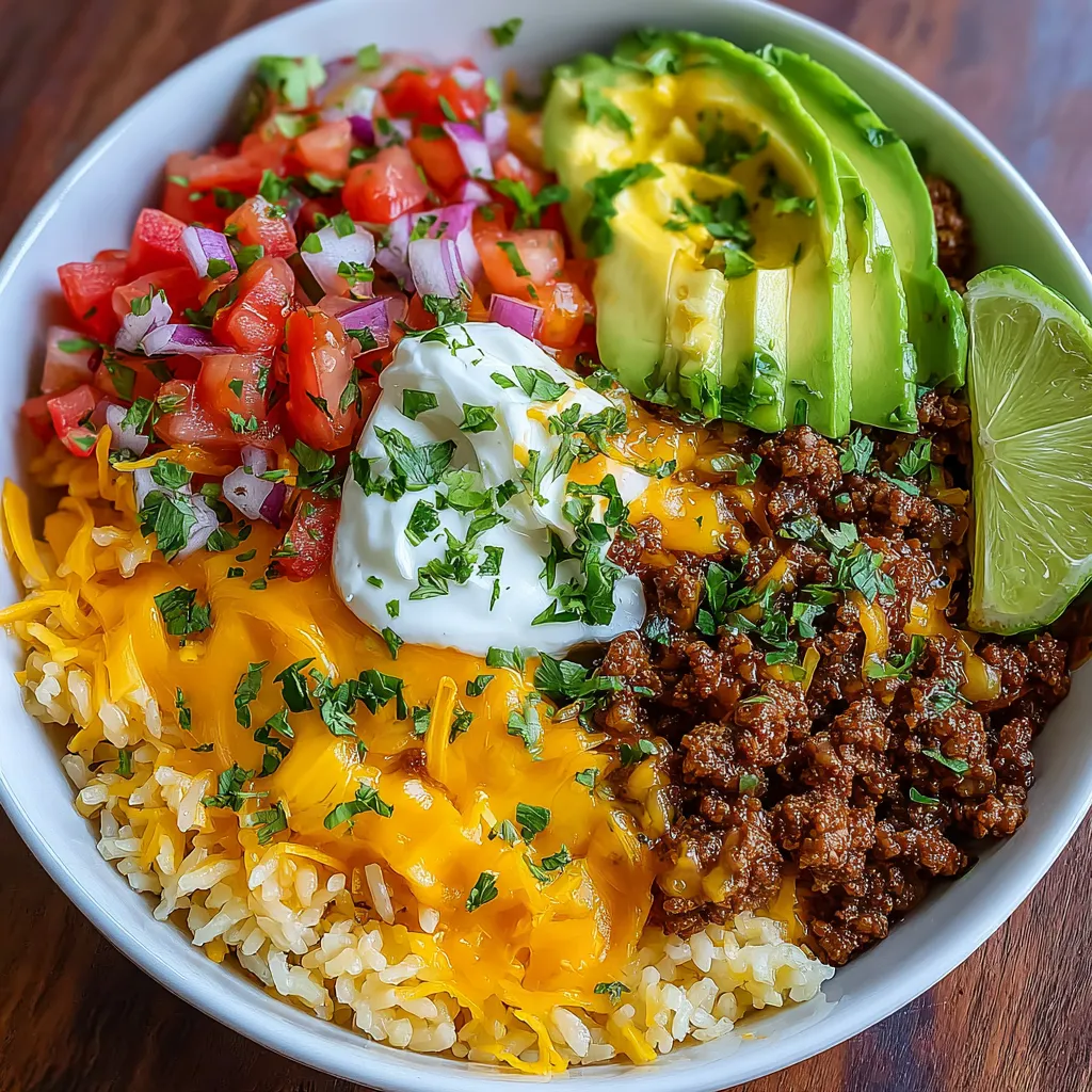A vibrant taco rice bowl overflowing with seasoned ground beef, rice, cheese, lettuce, tomatoes, and sour cream offers a quick and easy weeknight dinner solution.