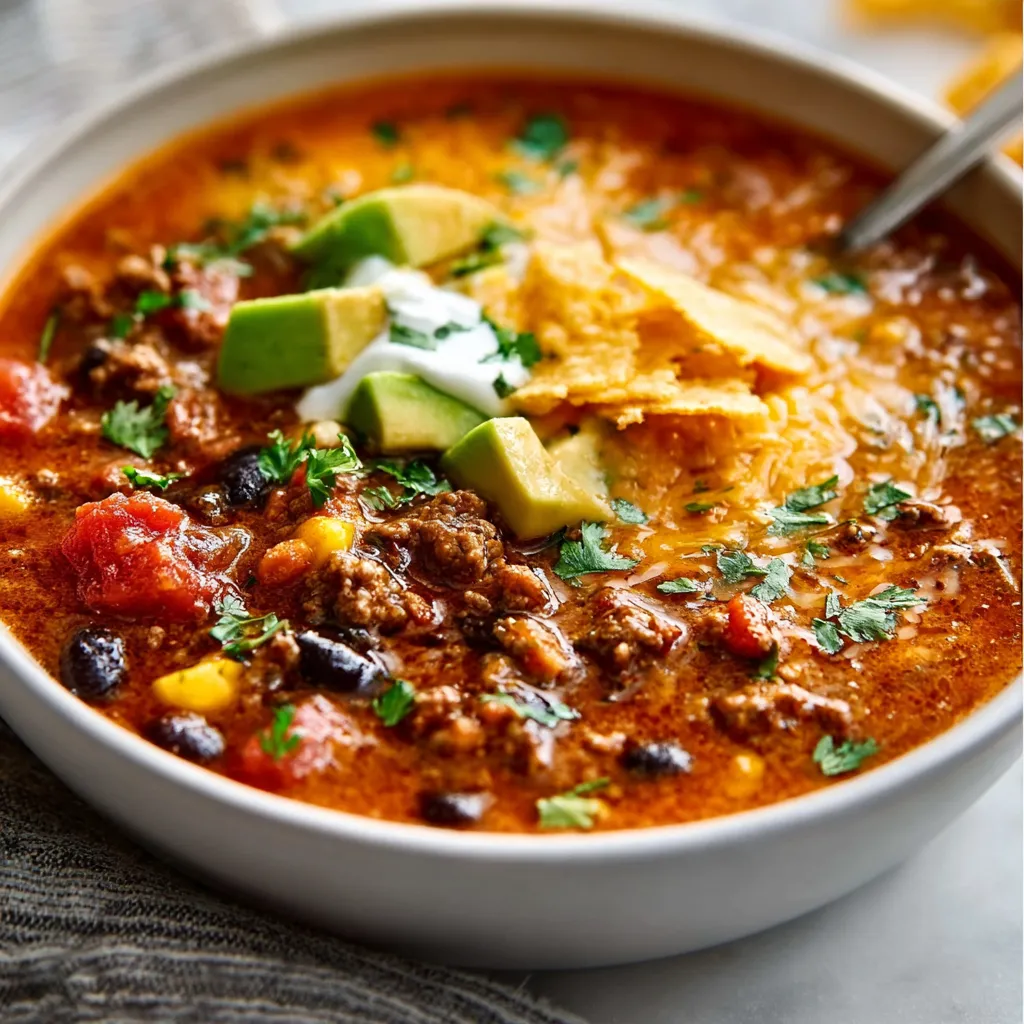 See a delicious pot of viral best taco soup ready to be served, showcasing the hearty and flavorful ingredients that make this recipe a family favorite.