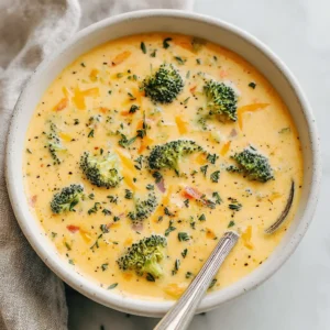 Creamy broccoli cheddar soup in a bowl. Delicious and cheesy.