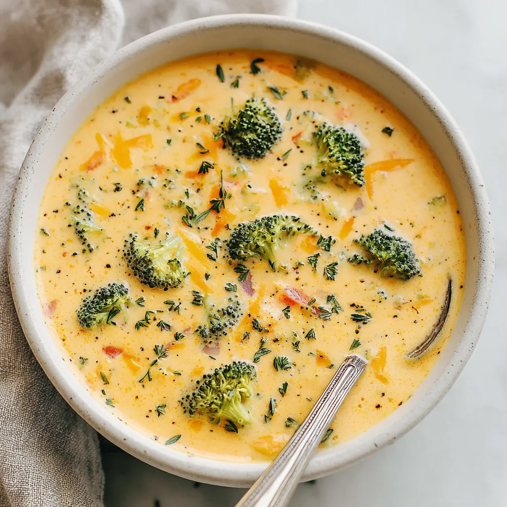 Creamy broccoli cheddar soup in a bowl. Delicious and cheesy.