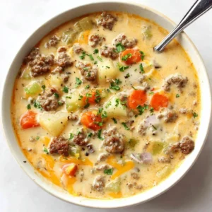 Creamy cheeseburger soup in a bowl. Best cheeseburger soup recipe featured image.