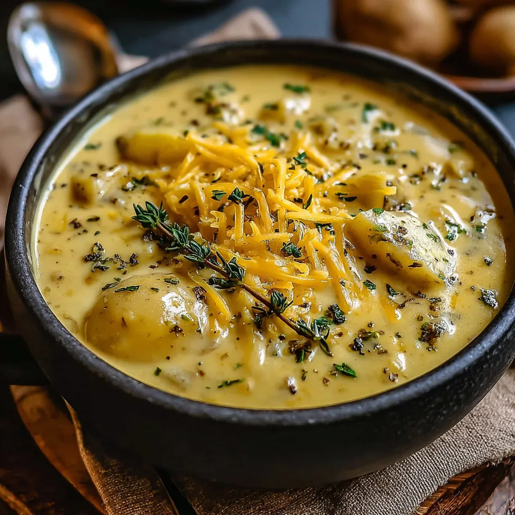Creamy cheddar garlic herb potato soup, a comforting and easy-to-make recipe, is shown as a featured image.