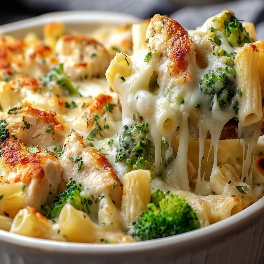 Chicken Broccoli Alfredo Bake, a creamy and comforting casserole with chicken, broccoli, and a rich Alfredo sauce, is shown in this featured image.