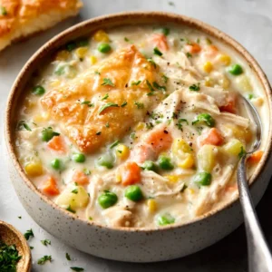 A bowl of creamy Chicken Pot Pie Soup is shown as the featured image for the recipe.