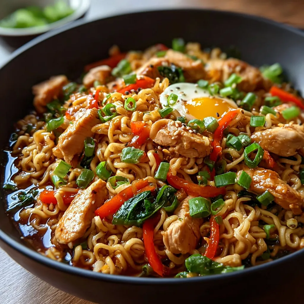 Chicken ramen stir fry with colorful vegetables and tender chicken pieces, showcasing a slurp-worthy noodle delight.