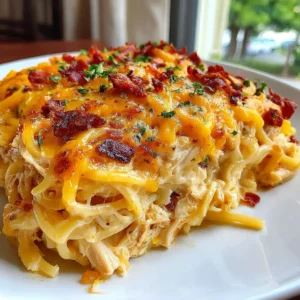 Easy Southern Chicken Spaghetti Casserole features creamy spaghetti noodles, tender chicken, and a cheesy topping, perfect for a comforting family meal.