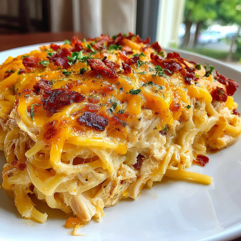 Easy Southern Chicken Spaghetti Casserole features creamy spaghetti noodles, tender chicken, and a cheesy topping, perfect for a comforting family meal.