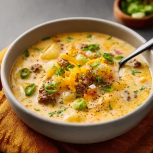 Creamy cheeseburger soup, a comforting and hearty meal served in a bowl, is the perfect cozy dish.
