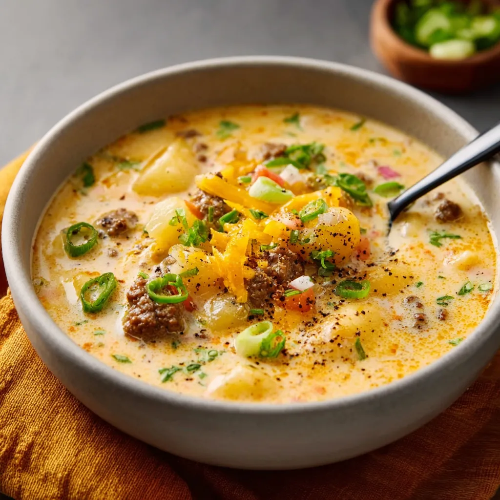 Creamy cheeseburger soup, a comforting and hearty meal served in a bowl, is the perfect cozy dish.