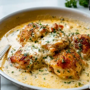 Melt-in-your-mouth creamy oven baked chicken thighs are pictured, showcasing the dish's golden-brown skin and rich, creamy sauce.