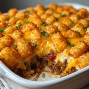 Creamy tater tot casserole, a cheesy and comforting dish, is featured in this recipe image.