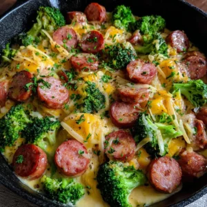 Creamy kielbasa broccoli skillet close-up. Easy one-pan dinner recipe.