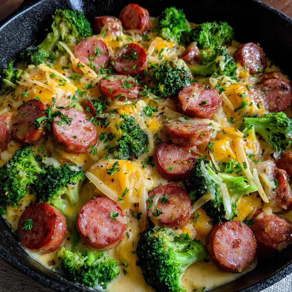 Creamy kielbasa broccoli skillet close-up. Easy one-pan dinner recipe.