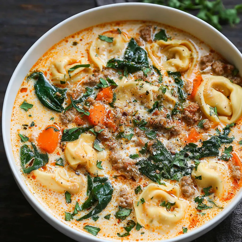 Creamy sausage tortellini soup in a bowl. Perfect comfort food!