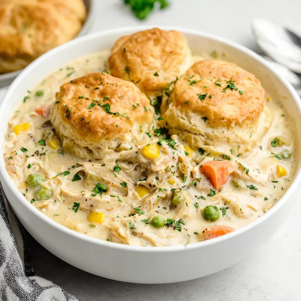 Easy slow cooker chicken pot pie features tender chicken and vegetables in a creamy sauce, topped with flaky puff pastry, providing a comforting and simple family meal.