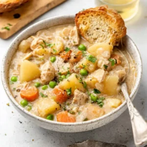 A comforting bowl of slow cooker chicken stew, featuring tender chicken and hearty vegetables, is shown in a close-up shot that highlights the rich broth and flavorful ingredients, enticing readers to try this best chicken stew recipe.